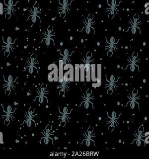 vector hand-drawn gray ants on a dark black background with bread crumbs and sand. Stock Vector