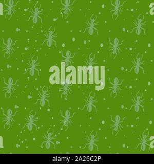 vector hand-drawn gray ants on a dark green background, seamless pattern with bread crumbs and sand. Stock Vector