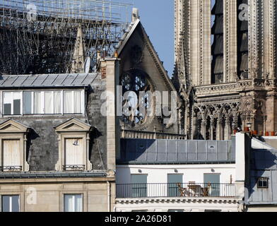 Scene showing the impact of the fire which damaged Notre Dame Cathedral the morning after the fire was extinguished. The destruction of the roof can be seen Stock Photo