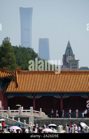 CITIC Tower in the Central Business District of Beijing towers above the Forbidden City. It is popularly known as China Zun. The 109-storey, 528 m (1,732 ft) building is the tallest in the city Stock Photo