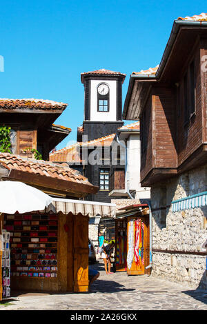 Nessebar, Bulgaria - July 25, 2016: Clock tower and street view in old town Nessebar or Nesebar in Bulgaria, Black sea Stock Photo