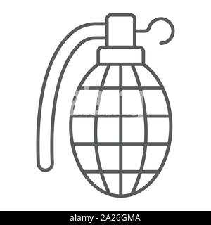 Grenade thin line icon, army and military, hand bomb sign, vector graphics, a linear pattern on a white background. Stock Vector