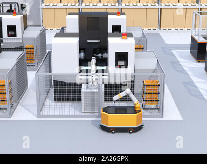 Mobile robots passing CNC robot cells in factory. Smart factory concept. 3D rendering image. Stock Photo