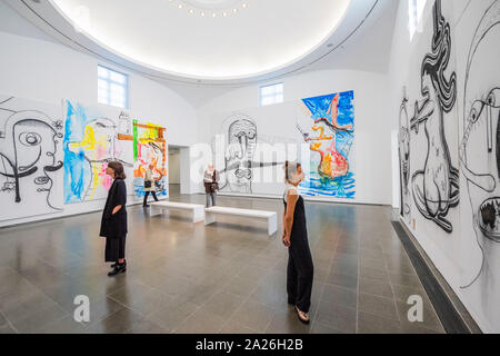 London, UK. 1st Oct 2019. At the centre is an installation that marks the beginning of Oehlen’s process of interpreting the Rothko Chapel in Houston, Texas. Four new paintings – the same scale and size as the four horizontal canvases found in the Chapel – they have been made specifically for this exhibition. Albert Oehlen at the Serpentine Gallery. He has been a key figure in contemporary art since the 1980s. Credit: Guy Bell/Alamy Live News Stock Photo