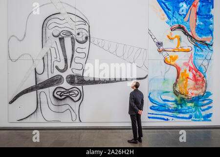London, UK. 1st Oct 2019. At the centre is an installation that marks the beginning of Oehlen’s process of interpreting the Rothko Chapel in Houston, Texas. Four new paintings – the same scale and size as the four horizontal canvases found in the Chapel – they have been made specifically for this exhibition. Albert Oehlen at the Serpentine Gallery. He has been a key figure in contemporary art since the 1980s. Credit: Guy Bell/Alamy Live News Stock Photo
