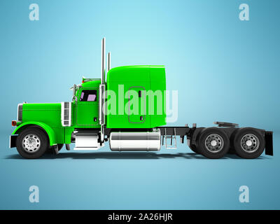 Modern truck tractor for cargo three axle without trailer green side 3d rendering on blue background with shadow Stock Photo