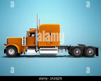 Modern truck tractor for cargo three axle without trailer orange side view 3d render on blue background with shadow Stock Photo