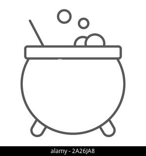 Witches cauldron thin line icon, magic and pot, potion sign, vector graphics, a linear pattern on a white background. Stock Vector