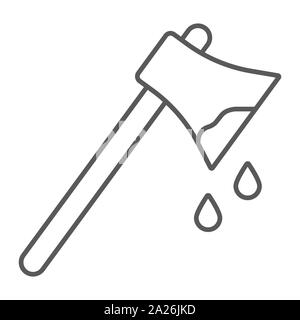 Bloody axe thin line icon, halloween and blade, ax with blood sign, vector graphics, a linear pattern on a white background. Stock Vector