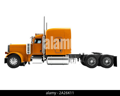 Modern truck tractor for cargo three axle without trailer orange side view 3d render on white background no shadow Stock Photo