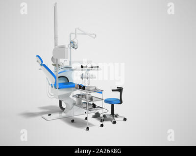 Modern dental chair with lighting with tools for drilling white with blue inserts and with tools and an armchair for the dentist on the right 3d rende Stock Photo