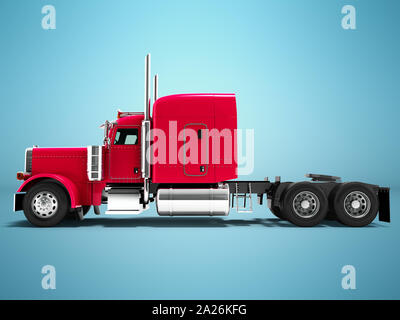 Modern truck tractor for cargo three axle without trailer red side 3d rendering on blue background with shadow Stock Photo