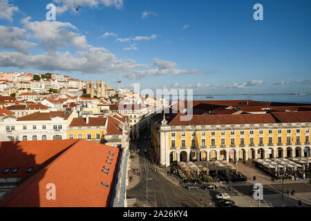 Aerial view of lisbon skyline,traditional architecture and famous street with people and cars Stock Photo