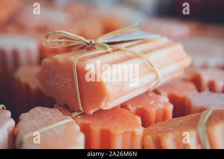 organic homemade herbal soaps on the market Stock Photo