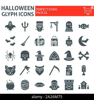 Halloween glyph icon set, horror symbols collection, vector sketches, logo illustrations, creepy holiday signs solid pictograms package isolated on Stock Vector