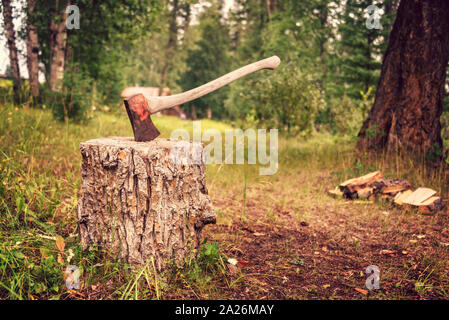 Vintage axe stuck in a wooden stump in a forest. Cutting trees and chopping frewood for winter concept Stock Photo