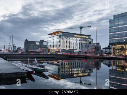 Cork City, Cork, ireland. 01st October, 2019. Flood warnings have been issued for Cork City center as office buildings,One Albert Quay and Navigation Square are reflected in the River Lee during a high tide in Cork Ciry, Cork, Ireland. - Credit; David Creedon / Alamy Live News Stock Photo