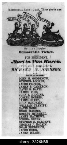 Political cartoon showing Webster, Harrison, White, and Van Buren riding hogs; below is Democratic ticket of Van Buren and Johnson and Ohio Electors - 1836 Stock Photo