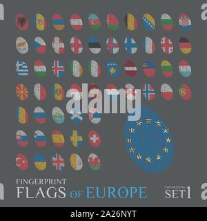 Set of 56 fingerprints colored with the national flags of the countries of Europe. Icon set Vector Illustration. Stock Vector