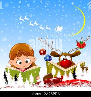 Little girl and a deer with a book in their hands. Christmas scene. Santa on a sleigh with deers. Winter night, snowflakes and snowy forest. Stock Vector