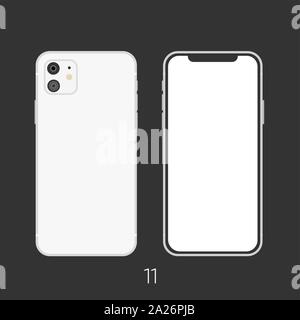 New Smartphone 2019 model 11 white isolated on black. Stock Vector