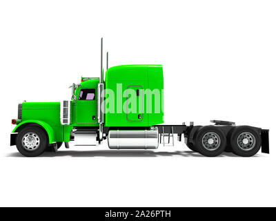 Modern truck tractor for cargo three axle without trailer green side 3d rendering on white background with shadow Stock Photo