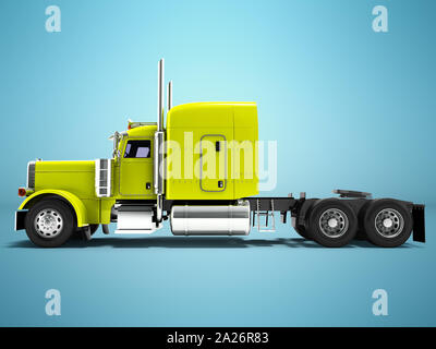 Modern truck tractor for cargo three axle without trailer yellow side 3d rendering on blue background with shadow Stock Photo