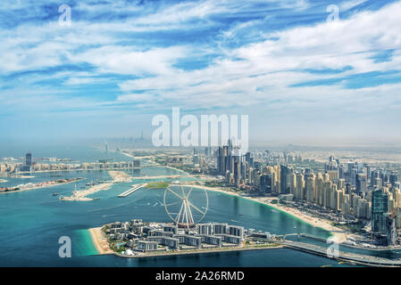 Aerial view of Dubai Marina skyline with Dubai Eye ferris wheel, United Arab Emirates Stock Photo