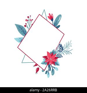 Vector geometric polygon frame with bouquet wreath. Christmas template for greeting card. Winter cones and pink flowers isolated on white background Stock Vector