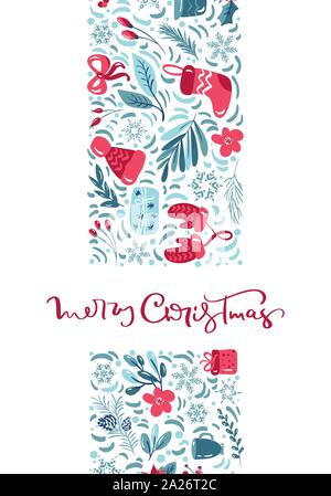 Merry Christmas calligraphic lettering hand written text. Greeting card design with floral toy xmas elements. Modern winter season postcard, brochure Stock Vector