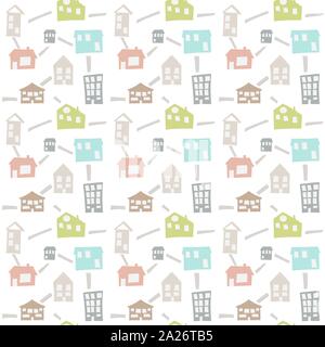 Scandinavian seamless pattern with hand drawn doodle houses. Cute children vector doodle. background for boys room, holiday textile, web design Stock Vector