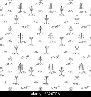 Vector Christmas minimalist monoline scandinavian seamless pattern new year fir tree and snow. Winter doodle xmas background for children holiday Stock Vector