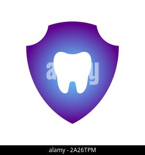 Glowing tooth image inside a purple shield. Tooth protection idea. EPS 10 Stock Vector
