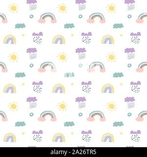 Children vector scandinavian seamless pattern clouds, rain, sun and rainbow Stock Vector