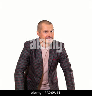 smiling adult man dressed in free style leaned forward listening carefully, isolated on white background Stock Photo