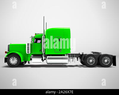 Modern truck tractor for cargo three axle without trailer green side 3d rendering on gray background with shadow Stock Photo