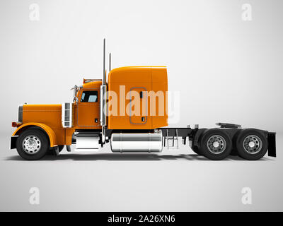 Modern truck tractor for cargo three axle without trailer orange side view 3d render on gray background with shadow Stock Photo