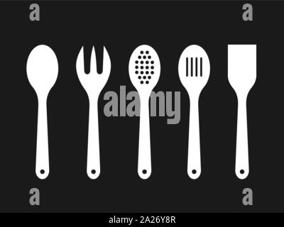 White wooden spoons on black background. Silhouettes of mixing spoon, spatula, fork, strainer. Cooking tools icons. Kitchen utensils made of wood. Stock Vector