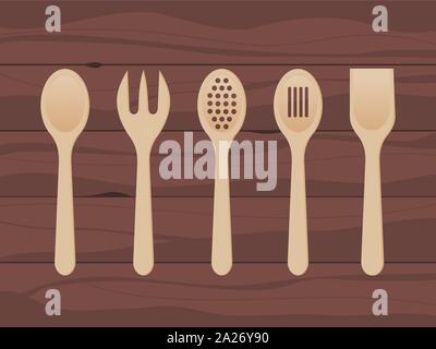 Wooden spoons on wood texture background. Kitchen utensils made of wood. Mixing spoon, spatula, fork, strainer. Kitchen tools set. Cooking concept. Stock Vector