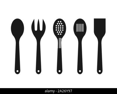 Black wooden spoons on white background. Silhouettes of mixing spoon, spatula, fork, strainer. Cooking tools icons. Kitchen utensils made of wood. Stock Vector