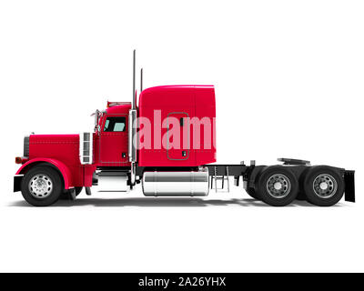 Modern truck tractor for cargo three axle without trailer red side 3d rendering on white background with shadow Stock Photo