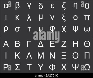 The Greek alphabet set on dark background Stock Vector