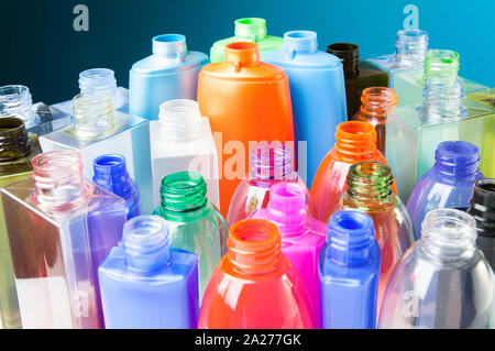 Group of empty plastic bottles of various sizes and colors Stock Photo