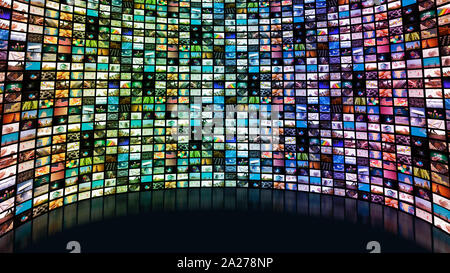 Large screen with many channels on blank black background Stock Photo