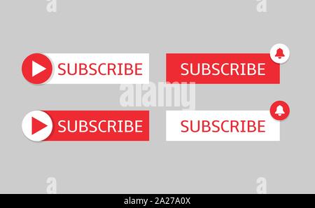 Subscribe banner templates. Red and white Subscribe buttons with bell and play icons Stock Vector