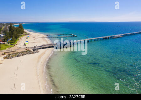 Busselton Jetty, Western Australia is the second longest wooden jetty in the world at 1841 meters long. Stock Photo