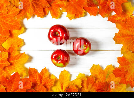 Yellow maple leaves and red juicy apples lie on a white wood background Stock Photo