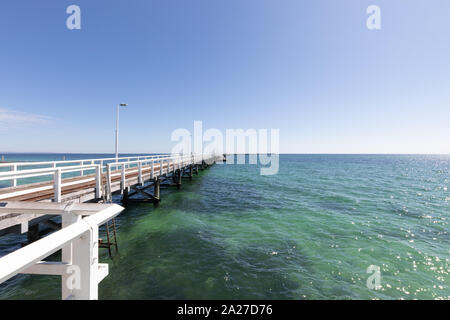 Busselton Jetty, Western Australia is the second longest wooden jetty in the world at 1841 meters long. Stock Photo