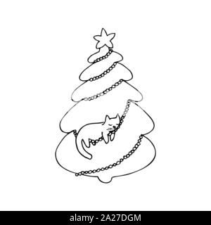 Christmas tree with a sleeping cat in it. Black outline on white background. Picture can be used in christmas and new year greeting cards, posters, flyers, banners, logo etc. Vector illustration. EPS10 Stock Vector