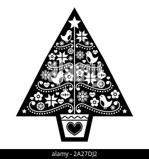 Christmas tree folk art vector design - Scandinavian black and white pattern with birds, flowers and snowflakes Stock Vector